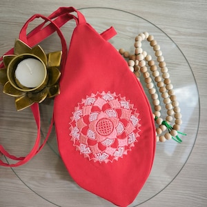 Coral Japa mala beads bag. Prayer bag. Meditation bag. Embroidered mandala and Hare Krishna Sanskrit japa bag. Maha mantra bag. Vaishnavism.