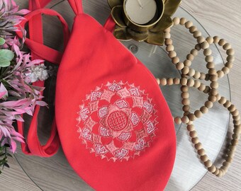 Coral Japa mala beads bag. Prayer bag. Meditation bag. Embroidered mandala and Hare Krishna Sanskrit japa bag. Maha mantra bag. Vaishnavism.