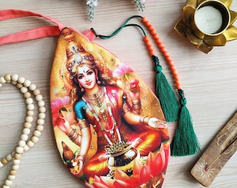 Embroidered mantra and printed Lakshmi with Swarovski crystals Prayer bag. Meditation bag. Bag for practice Maha mantra. Vaishnavism traditi