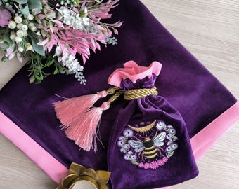 Tarot bag and tablecloth. Embroidered tarot case.  Personalized embroidery silk velvet pouch for tarot. Embroidery moon and sun tarot bag.