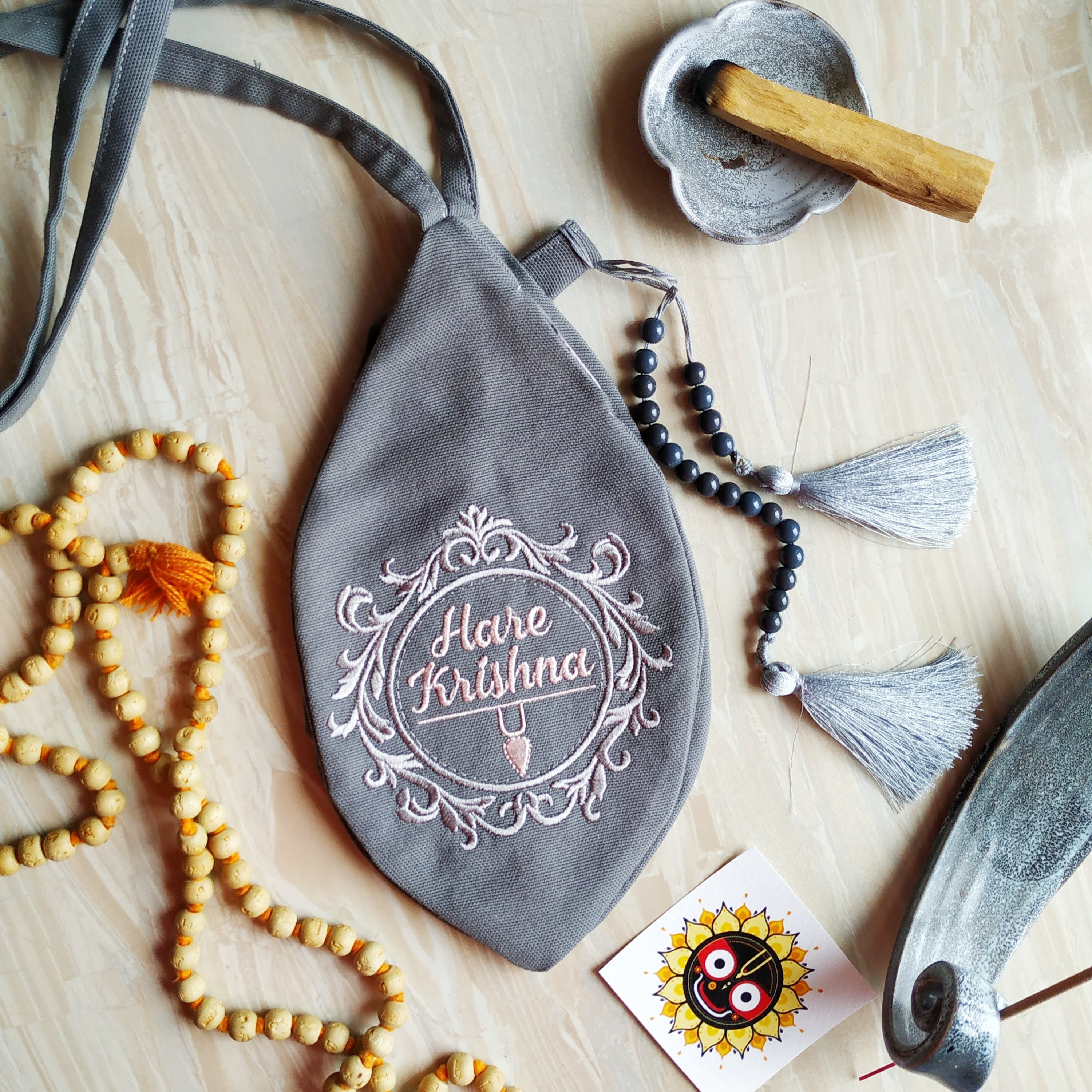 Embroidered Lotus and Tilak Japa Mala Beads Bag. Prayer Bag