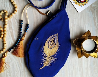 Peacock feather, Tilak embroidered Japa mala beads bag. Prayer bag. Meditation bag. Bag for practice Maha mantra. Vaishnavism tradition.