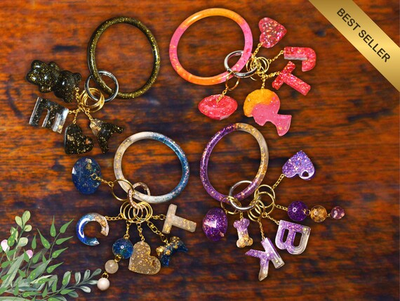 Personalized Resin Keychain Bangle: Glitter Initial Charm, Custom Birthday Gift