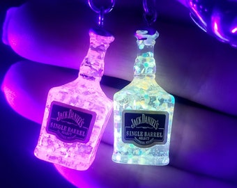 UV Glow bottle earrings, Jack Daniels, Glitter