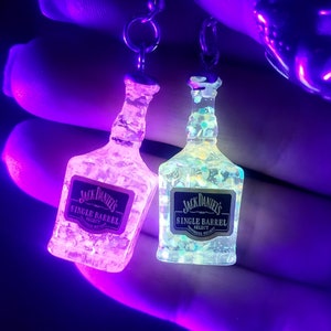 UV Glow bottle earrings, Jack Daniels, Glitter