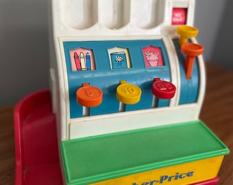 Caja registradora vintage Fisher Price / Monedas de colores / 1974