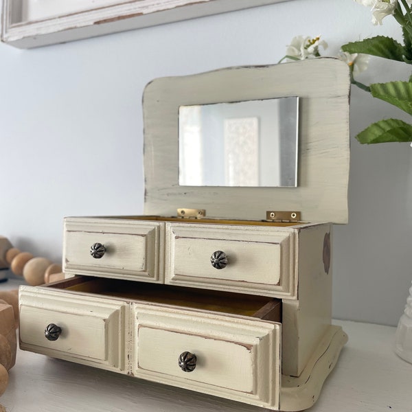 Refinished/Upcycled Vintage Jewelry Box with Drawer, Mirror & Ring/Earring Organizer