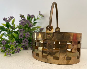 Vintage Solid Brass Weaved Basket with Handle
