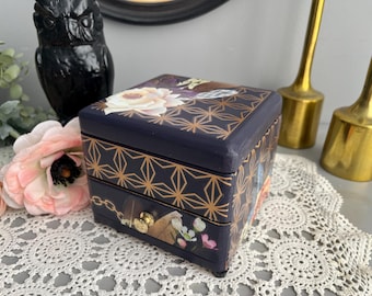 Purple Painted Vintage Jewelry Box: Upcycled Floral Storage with Mirror