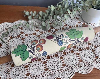 Painted | Upcycled Vintage Solid Wood Rolling Pin | Beige with fun berries & leaves pattern
