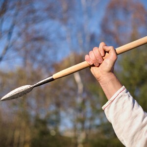 May include: A person holds a wooden-handled spear with a metal tip, the spear is pointed towards the right side of the image. The background is blurred and shows trees and a blue sky.