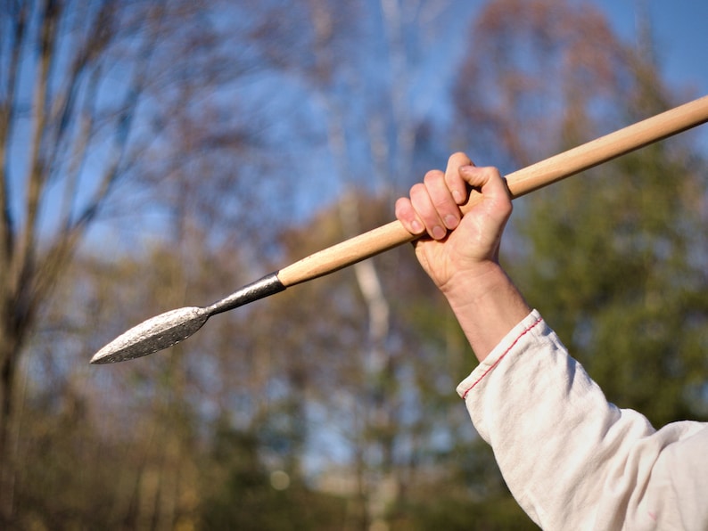 May include: A person holds a wooden-handled spear with a metal tip, the spear is pointed towards the right side of the image. The background is blurred and shows trees and a blue sky.