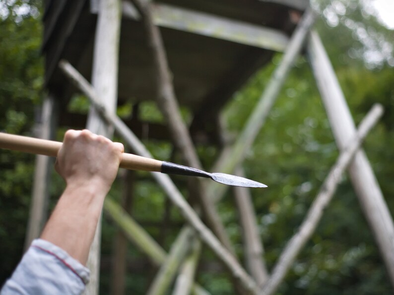 May include: A spear with a wooden shaft and a metal spearhead is held up against a blurred background of a wooden structure and green foliage. The spearhead is dark and sharp.