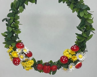 Ladybugs, mushrooms, and flowers artificial wreath