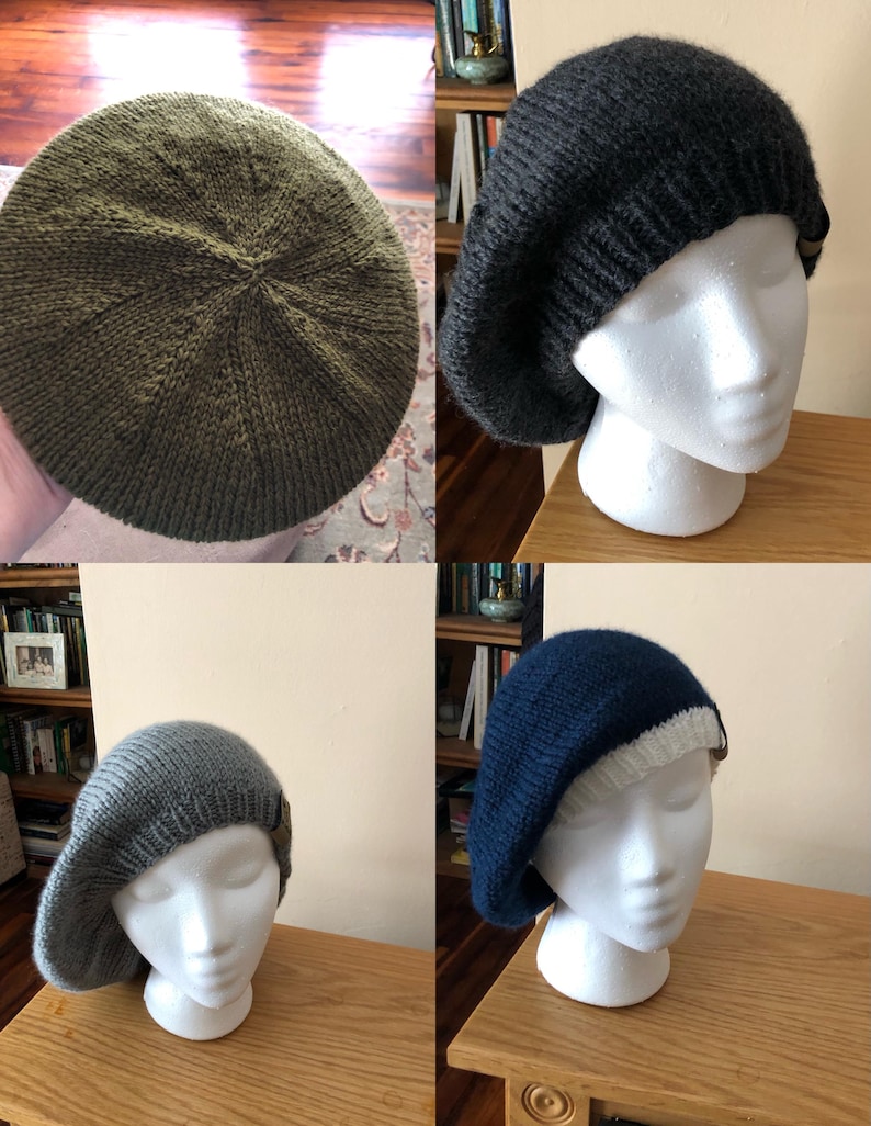 May include: Four knitted berets in different colors: olive green, dark gray, light gray, and navy blue with a white brim. Each beret is displayed on a white mannequin head, showcasing the texture and shape of the hats.