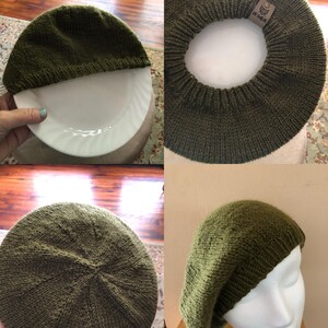 May include: An olive green knitted beret, displayed in multiple views. The beret is shown on a white mannequin head, on a plate, and from different angles. The knitted texture is visible, and the beret appears to be handmade.
