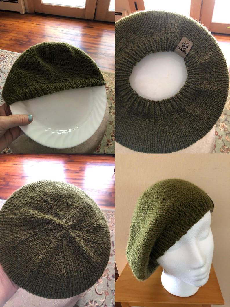 May include: An olive green knitted beret, displayed in multiple views. The beret is shown on a white mannequin head, on a plate, and from different angles. The knitted texture is visible, and the beret appears to be handmade.