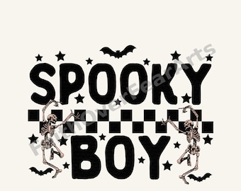 May include: A graphic design featuring the black text SPOOKY BOY in a bold font, surrounded by black stars, bats, and a horizontal checkered pattern. Two detailed skeletons are positioned on either side, dancing against a light background.