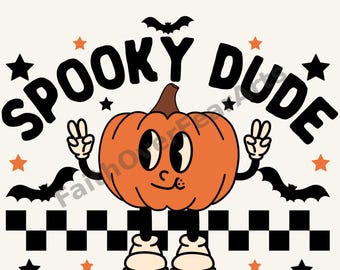 Pode incluir: Uma ilustração gráfica apresentando um personagem de abóbora laranja com um caule marrom, olhos pretos e um pequeno sorriso. O personagem faz sinais de paz com ambas as mãos e usa sapatos claros. O texto diz SPOOKY DUDE com morcegos e estrelas.