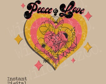 Paz y amor PNG, diseño de sublimación, diseño retro png, diseños boho, sublimación retro, png hippie, png retro heart, png inspirado en la vendimia