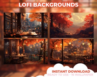 Cozy Fall Lofi anime streamer et pack de papiers peints de bureau - 16 arrière-plans (5824x3264 - 4k)