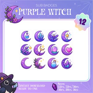 12 Cute Purple Witchy Sub Badges / Icons / Emotes for streaming / Discord / Twitch