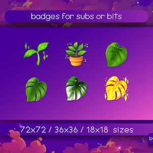 Puede incluir: Conjunto de seis insignias digitales con diferentes ilustraciones de plantas verdes y amarillas. Las insignias están disponibles en tres tamaños: 72x72, 36x36 y 18x18 píxeles. El texto "badges for subs or bits" y "by Feder" también se incluye en la imagen.