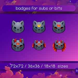 Peut inclure: Six badges Twitch différents sur le thème du chat, dans différentes tailles, notamment 72x72, 36x36 et 18x18. Les badges présentent un chat gris avec des accents de couleurs différentes, notamment bleu, rouge et jaune. Le texte "badges for subs or bits" et "by Feder" est également inclus dans l'image.