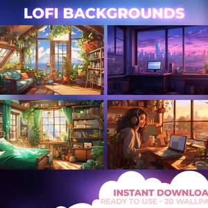 Peut inclure: Quatre illustrations numériques de pièces confortables avec de grandes fenêtres, offrant une vue sur une montagne, un horizon urbain, un coucher de soleil et une femme travaillant sur un ordinateur portable. Les illustrations sont de style cartoon et dégagent une ambiance chaleureuse et accueillante. LOFI BACKGROUNDS - TÉLÉCHARGEMENT INSTANTANÉ - PRÊT À UTILISER - 20 PAPIERS PEINTS