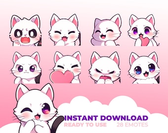 28 Cute white cat Emote for streaming/discord // MEGA PACK