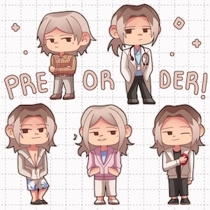 Pode incluir: Ilustração com cinco figuras em estilo chibi de uma pessoa em várias roupas, incluindo um jaleco de médico e roupas casuais. O texto "PRE OR DER!" é exibido acima das figuras. O fundo é um padrão de grade.