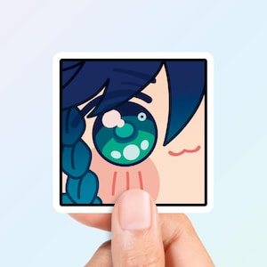 Pode incluir: Adesivo quadrado com um olho de desenho animado com detalhes turquesa e verdes. O olho &eacute; emoldurado por cabelo azul escuro e uma tran&ccedil;a turquesa. A bochecha &eacute; rosa claro e a boca vermelha.