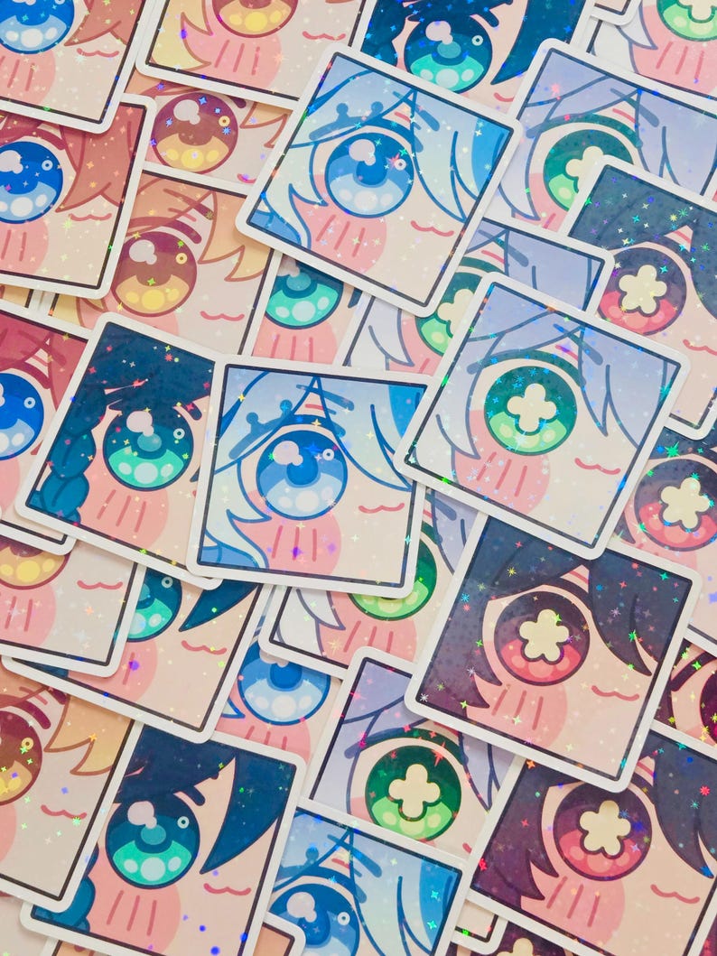 Pode incluir: Uma cole&ccedil;&atilde;o de autocolantes quadrados com desenhos de olhos em estilo anime. Os autocolantes apresentam v&aacute;rias cores de olhos, incluindo azul, verde e castanho, com c&iacute;lios e cabelo detalhados. Os autocolantes t&ecirc;m um acabamento hologr&aacute;fico e brilhante.