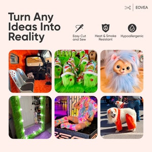May include: A collage of images showcasing the versatility of faux fur. The images include a car interior with orange faux fur seats, a group of green gnome-like figures with white hats, a blue fluffy cat toy, a mirror with green faux fur trim, a person sitting on a platform with rainbow faux fur leg warmers, and a white dog with orange faux fur leg warmers.