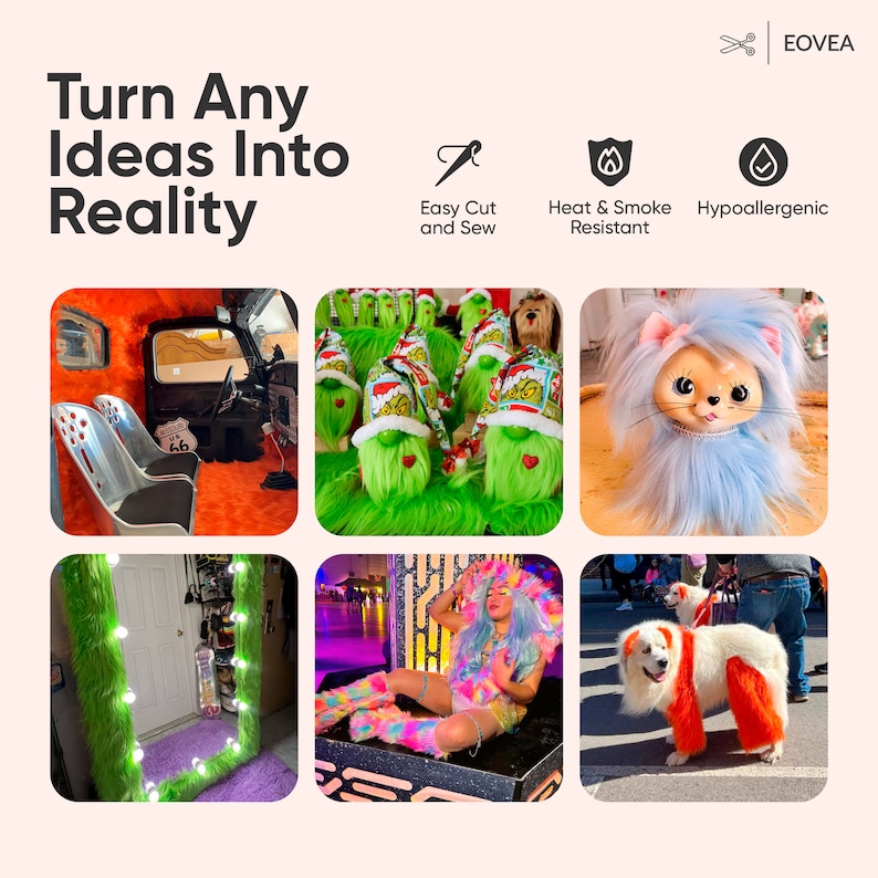 May include: A collage of images showcasing the versatility of faux fur. The images include a car interior with orange faux fur seats, a group of green gnome-like figures with white hats, a blue fluffy cat toy, a mirror with green faux fur trim, a person sitting on a platform with rainbow faux fur leg warmers, and a white dog with orange faux fur leg warmers.