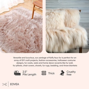 May include: A close-up of a fluffy, light pink faux fur rug. The rug is 2.5 inches thick and is made of cruelty-free materials. The rug is perfect for adding a touch of luxury to any room.