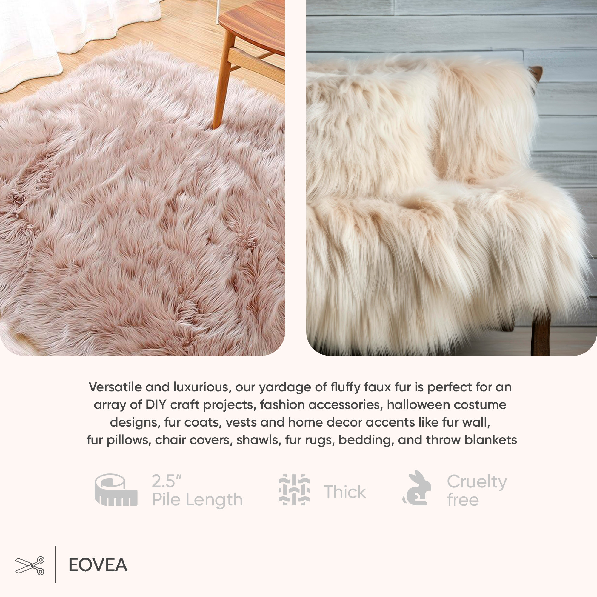 EOVEA Shaggy nepbontstof per yard (91 cm), 152 cm breed, wollig, zacht nepbontmateriaal voor naaien, knutselen, kostuums, stoffering en woondecoratie, langpolige pluchen stof, Latte, 91 cm