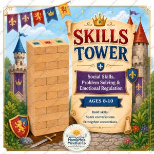 Op de afbeelding: Een houten blokkenstapelspel genaamd Skills Tower, met een kasteelachtergrond vol banieren en schilden. De set bevat lichtgekleurde houten blokken met cijfers, een klein speelgoedzwaard en een tekstbord in de vorm van een perkamentrol.
