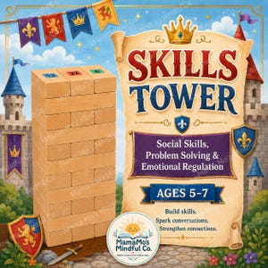 Puede incluir: Un juego de apilar bloques de madera titulado Skills Tower con el texto Social Skills, Problem Solving & Emotional Regulation, Ages 5-7. El juego incluye bloques de madera clara, un letrero en forma de pergamino y un fondo de castillo.