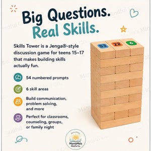 May include: A wooden block stacking game featuring the text Big Questions. Real Skills. Skills Tower is a Jenga-style discussion game for teens 15-17 with 54 numbered prompts, 6 skill areas, and icons for communication and problem solving.