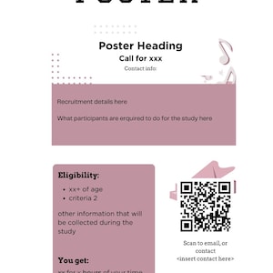 May include: A recruitment poster template with a white background and burgundy accents. The poster includes the title "RECRUITMENT POSTER" in large, bold text, along with sections for details, eligibility, and contact information. A QR code is also present.