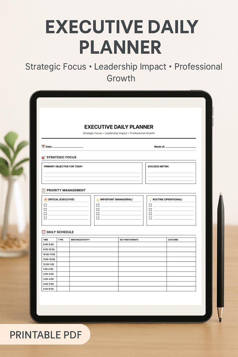 Executive Daily Planner (PDF) | Strategic Leadership + Focus Sheet - Etsy