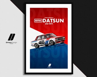 Datsun Bre 510 John Morton 1971 | Print Poster Artwork | Birthday, Wall Print, Petrolhead Christmas gift