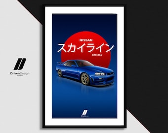 Nissan R34 Skyline GTR | Print Poster Artwork | Birthday, wall print, Christmas gift
