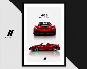Ferrari Supercar 488 Pista Spider | Print Poster Artwork | Birthday, Wall Print, Petrolhead Christmas gift