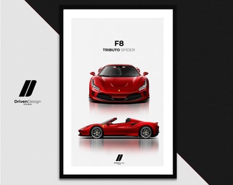 Ferrari Supercar F8 Tributo Spider | Print Poster Artwork | Birthday, Wall Print, Petrolhead Christmas gift