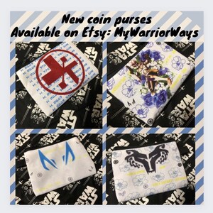 May include: Four different coin purses with various designs. The purses are white with different coloured designs. The designs include a red cross, a blue and white design, a blue and white design with a lightning bolt, and a black and white design with a wolf head.