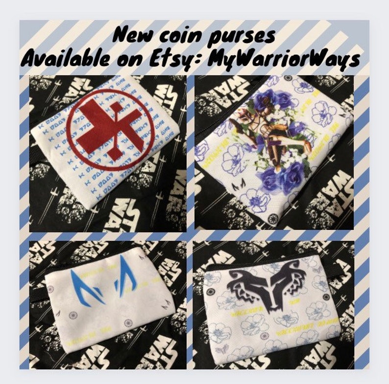 May include: Four different coin purses with various designs. The purses are white with different coloured designs. The designs include a red cross, a blue and white design, a blue and white design with a lightning bolt, and a black and white design with a wolf head.