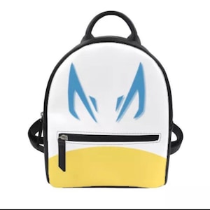 May include: A black and white backpack with a blue and white design. The backpack has a yellow bottom and a black zipper.