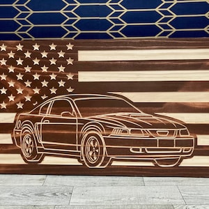 1999-2004 Ford Mustang American Flag Garage Decor Sign | 99 00 01 02 03 04 New Edge Mustang Carved Out of Wood